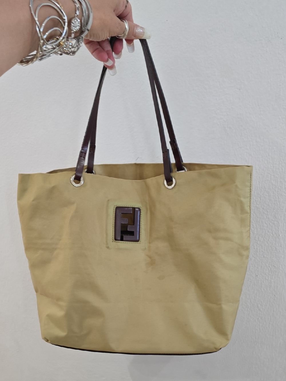 Fendi Tan Nylon Tote with Brown Leather Handles